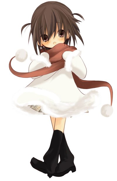 bear (artist), bad id, bad pixiv id, blush, boots, brown hair, child, coat, kneehighs, mittens, scarf, short twintails, socks, solo, twintails