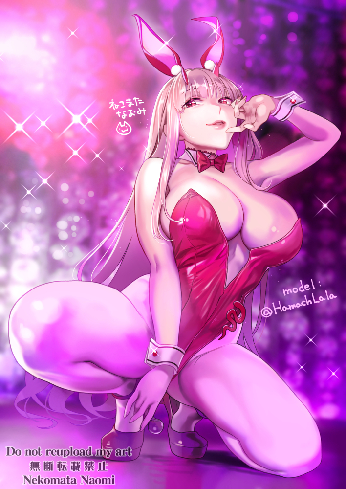 nekomata naomi, scarlet (nikke), goddess of victory: nikke, character request, check character, 1girl, animal ears, bow, bowtie, breasts, cleavage, eyebrows hidden by hair, full body, large breasts, leotard, lipstick, long hair, looking to the side, makeup, open mouth, pantyhose, pink bow, pink bowtie, pink leotard, pink shoes, playboy bunny, rabbit ears, shoes, smile, solo, sparkle, squatting, very long hair, white pantyhose, white wrist cuffs, wrist cuffs