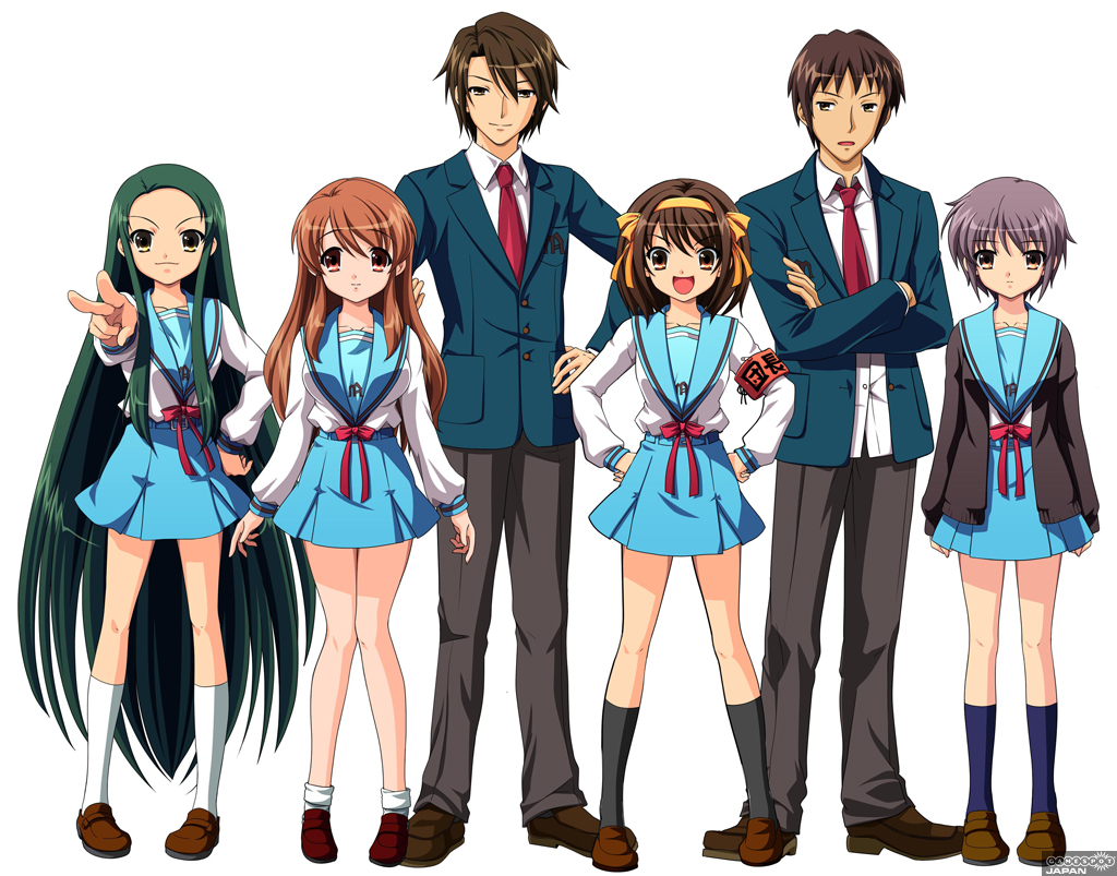asahina mikuru, koizumi itsuki, kyon, nagato yuki, suzumiya haruhi, tsuruya, suzumiya haruhi no yuuutsu, game cg, 00s, 2boys, 4girls, everyone, long hair, multiple boys, multiple girls, school uniform, serafuku, very long hair