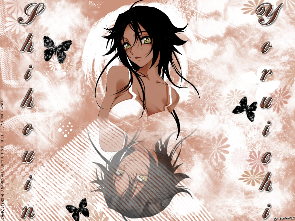 shihouin yoruichi, bleach, 00s, black hair, dark-skinned female, dark skin, hell butterfly, solo, yellow eyes