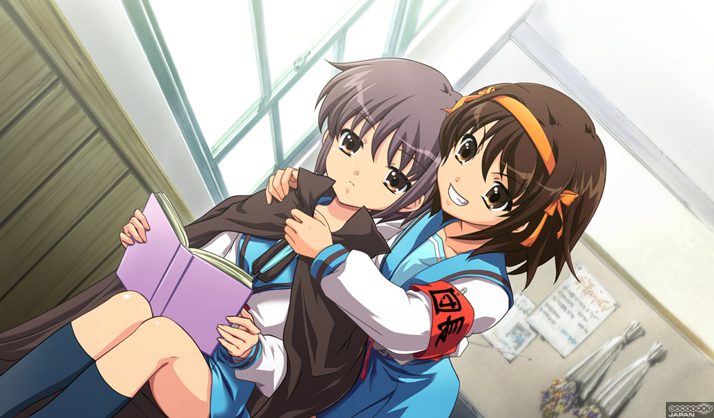 nagato yuki, suzumiya haruhi, suzumiya haruhi no yuuutsu, game cg, 00s, 2girls, armband, book, cape, dutch angle, multiple girls, school uniform, serafuku