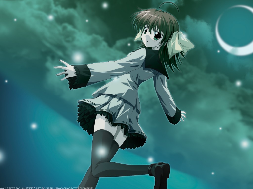 nanao naru, miyamura miyako, ef (visual novel), game cg, 00s, 1girl, female focus, hair ribbon, moon, night, red hair, ribbon, school uniform, serafuku, short hair, solo, thighhighs