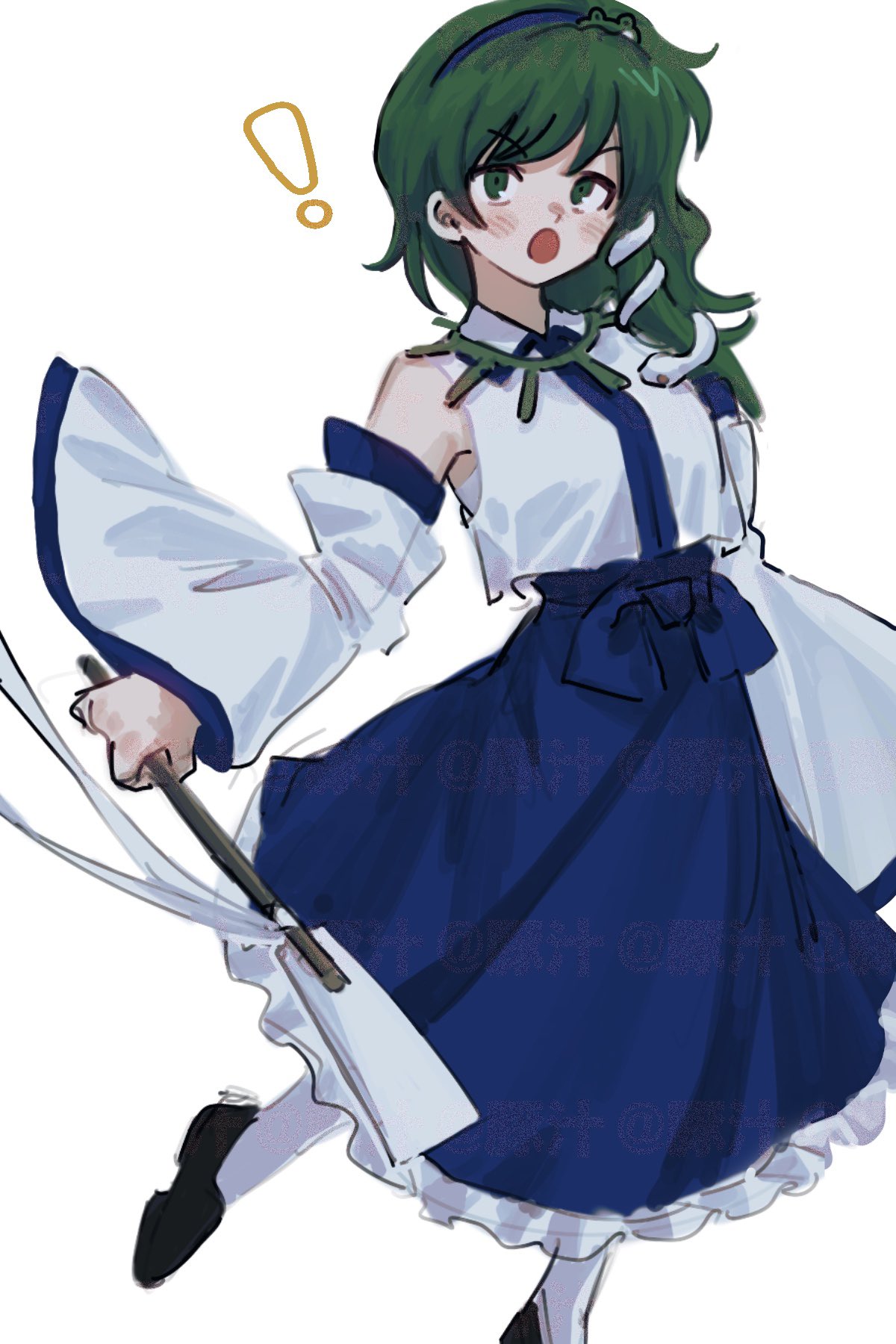 ame iru, kochiya sanae, touhou, commentary, highres, !, 1girl, bare shoulders, black shoes, blue skirt, bow, bow skirt, detached sleeves, frilled skirt, frills, frog hair ornament, frown, green eyes, green hair, hair ornament, looking at viewer, open mouth, shirt, shoes, simple background, skirt, sleeveless, sleeveless shirt, snake hair ornament, solo, v-shaped eyebrows, white background, white shirt, wide sleeves