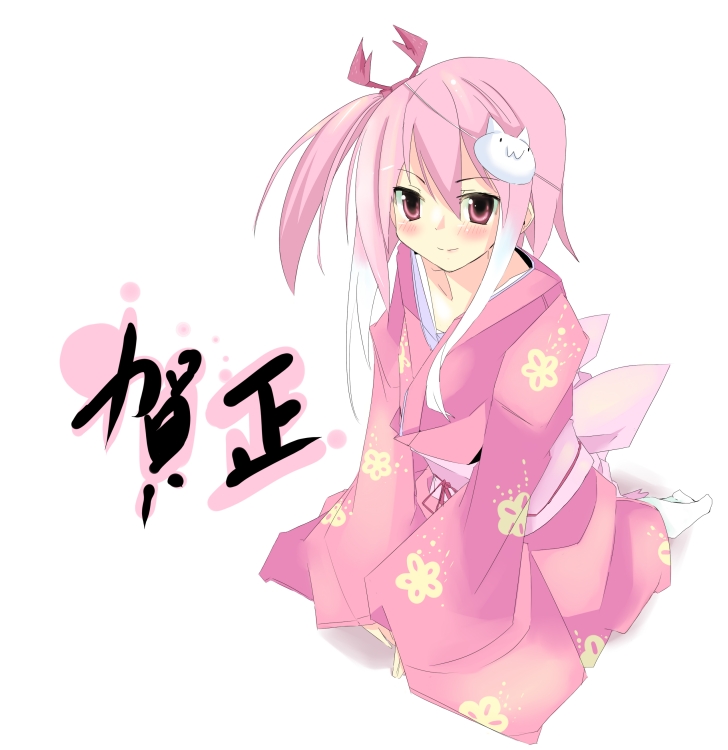 kanikama, 1girl, blush, female focus, japanese clothes, kimono, pink hair, pink kimono, ponytail, ribbon, short hair, smile, solo, yukata
