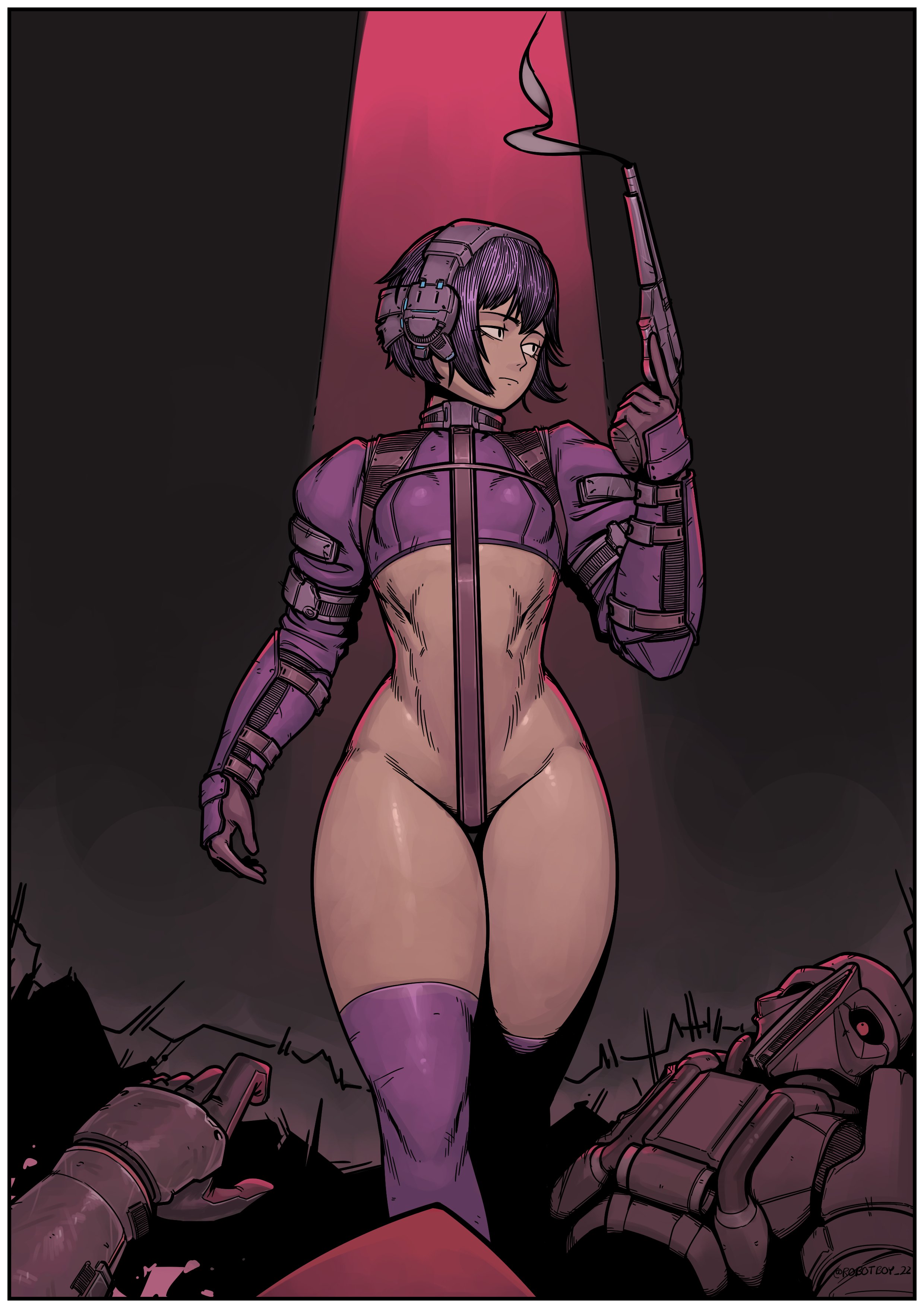 grunt (the citadel), martyr (the citadel), 1girl, 2others, armor, boots, corpse, crotch strap, gloves, gun, handgun, headphones, long sleeves, multiple others, outstretched arms, purple hair, revealing clothes, short hair, smoke, smoking barrel, weapon