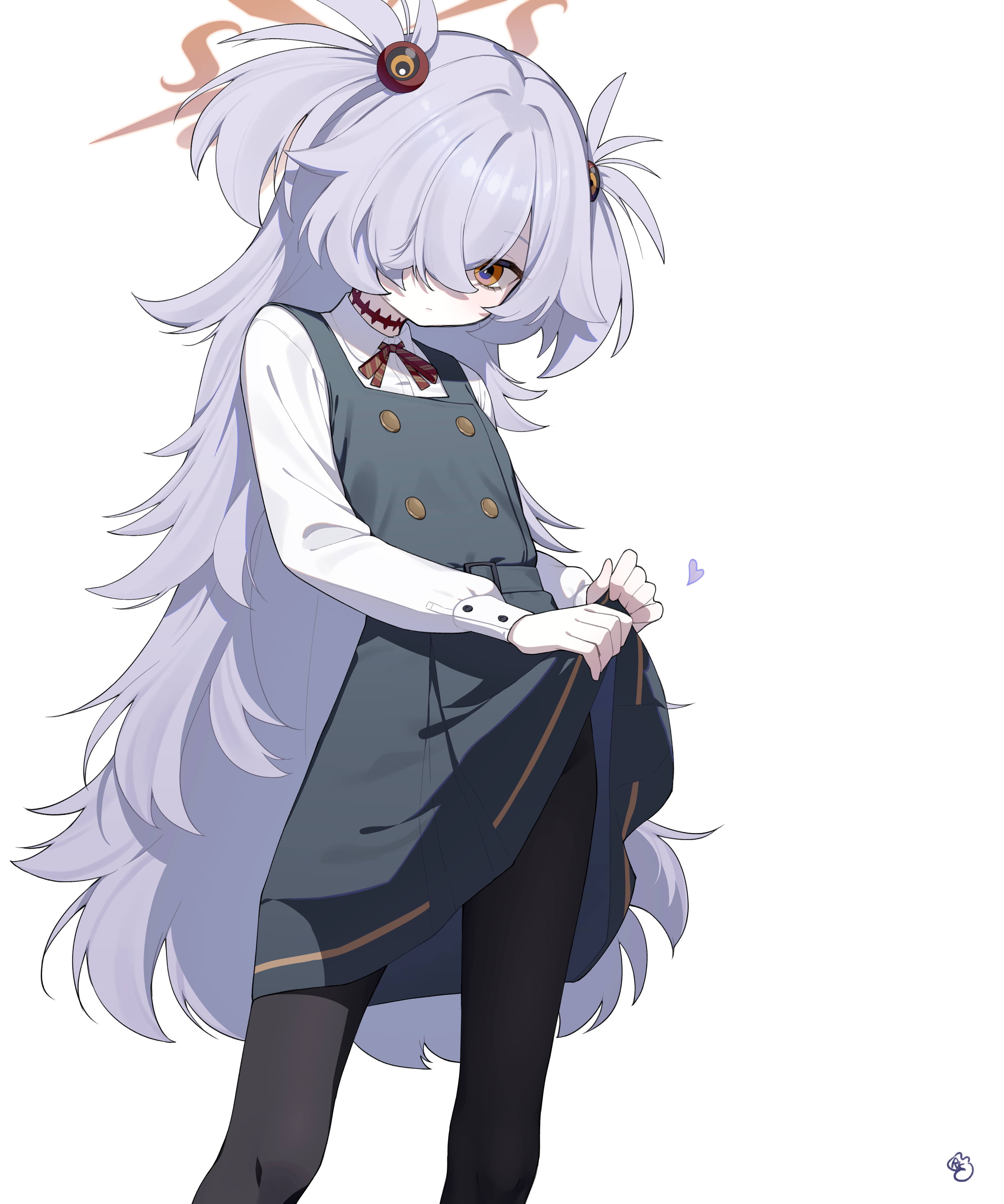 rubykong, kanoe (blue archive), blue archive, absurdres, highres, 1girl, black pantyhose, brown eyes, brown halo, clothes lift, grey skirt, grey vest, hair over one eye, halo, one eye covered, pantyhose, purple hair, shirt, simple background, skirt, skirt lift, solo, thighs, vest, white background, white shirt