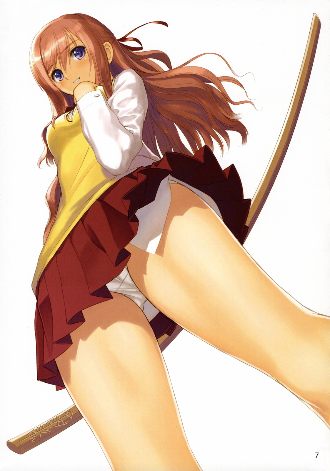 tony taka, miyazaki miyako, bamboo blade, uniform, highres, non-web source, scan, 00s, 1girl, blue eyes, blush, bokken, dutch angle, female focus, from below, hair ribbon, half updo, long hair, panties, pantyshot, pink hair, pleated skirt, ribbon, shinai, skirt, smile, solo, sweater vest, sword, thighs, underwear, upskirt, weapon, white panties, wooden sword