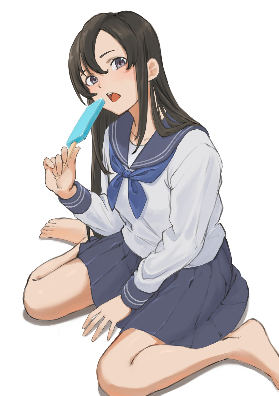kurogoma183, nanahoshi shizuka, mushoku tensei, highres, 1girl, barefoot, black eyes, black hair, breasts, food, from side, full body, holding, holding food, holding popsicle, long hair, looking at viewer, open mouth, popsicle, school uniform, serafuku, simple background, sitting, small breasts, solo, teeth, toes, upper teeth only, wariza, white background