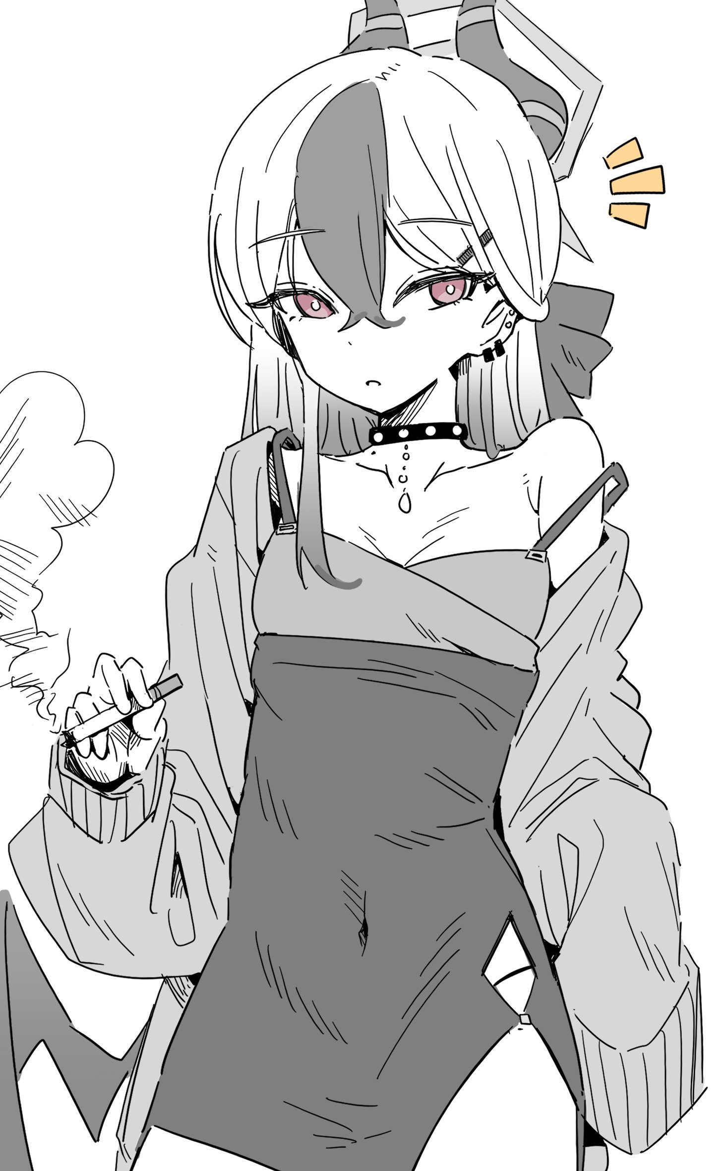 kayoko (blue archive), blue archive, highres, 1girl, alternate costume, breasts, bright pupils, choker, cigarette, closed mouth, collarbone, covered navel, dress, ear piercing, earclip, greyscale, hair between eyes, halo, holding, holding cigarette, horns, jacket, long hair, long sleeves, looking at viewer, low wings, monochrome, multicolored hair, notice lines, off shoulder, open clothes, piercing, red eyes, short dress, side slit, simple background, single wing, small breasts, smoke, smoking, solo, sparyedhamster, spot color, strap slip, two-tone hair, white background, wings