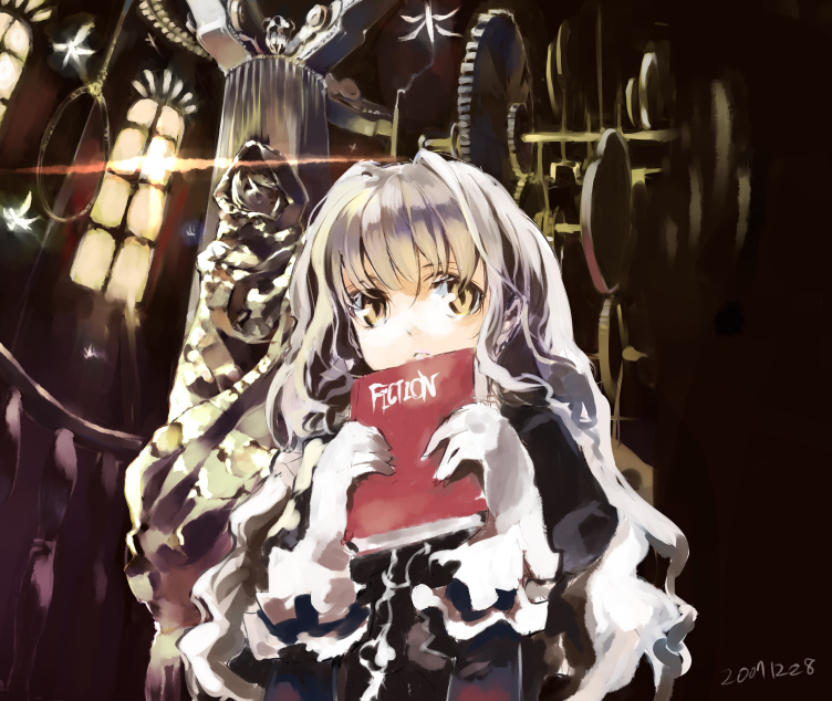 mo, shunsei (muratou), 00s, 1girl, 2009, book, column, female focus, gears, gloves, goth fashion, grey hair, lens flare, light rays, long hair, machinery, pillar, shy, solo, statue, sunbeam, sunlight, very long hair, window