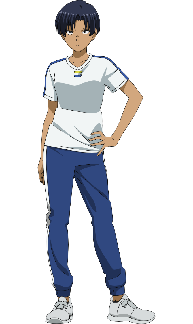 nakatake manabu, ao ashi, official art, 1girl, anime coloring, black hair, black socks, blue pants, breasts, closed mouth, collarbone, curtained hair, dark-skinned female, dark skin, full body, grey eyes, hand on own hip, looking at viewer, medium breasts, pants, shirt, shoes, simple background, socks, solo, standing, t-shirt, tachibana miyako (ao ashi), tan, transparent background, white shirt, white shoes