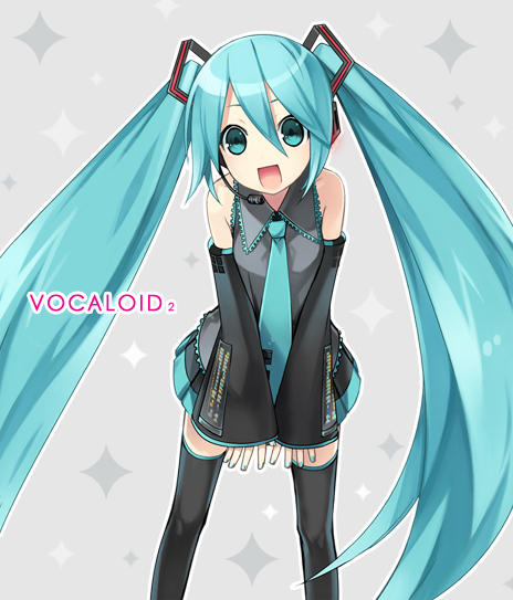 tsunako, hatsune miku, vocaloid, bad id, bad pixiv id, 1girl, aqua eyes, aqua hair, aqua nails, aqua necktie, female focus, green hair, headset, long hair, nail polish, necktie, open mouth, ribbon, skirt, solo, thighhighs, twintails, very long hair, zettai ryouiki