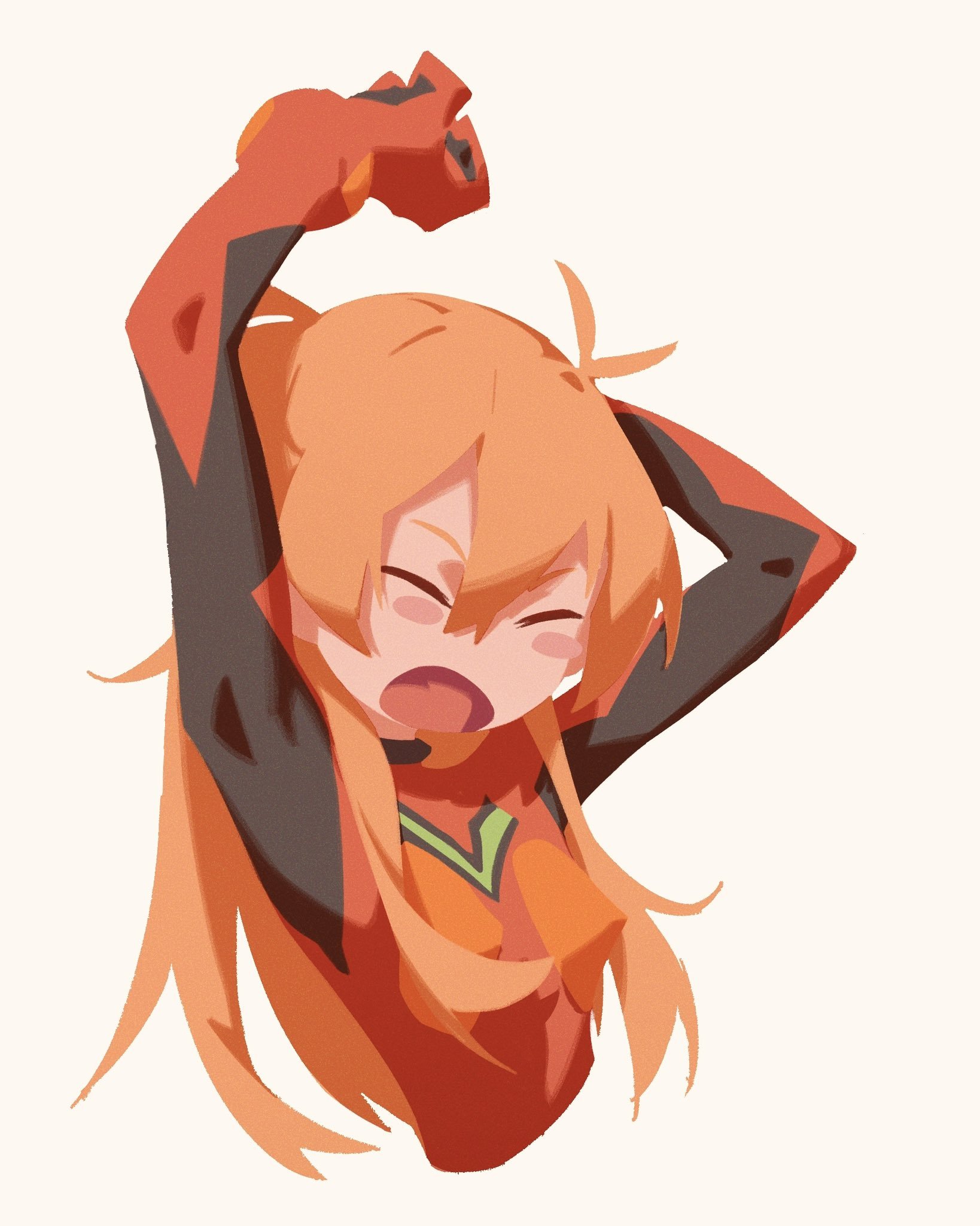 felix thirasat, souryuu asuka langley, neon genesis evangelion, highres, 1girl, :o, blush stickers, bodysuit, breasts, closed eyes, cowboy shot, interface headset (evangelion), long hair, mecha pilot suit, multicolored bodysuit, orange hair, parted lips, plugsuit (evangelion), red bodysuit, stretching, swept bangs, two side up, white background