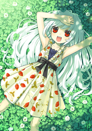 tsunako, original, bad tag, bad id, bad pixiv id, lowres, 1girl, albino, clover, clover (flower), dress, flower, food print, from above, grass, long hair, lying, on back, print dress, red eyes, ribbon, smile, solo, strawberry print, white hair