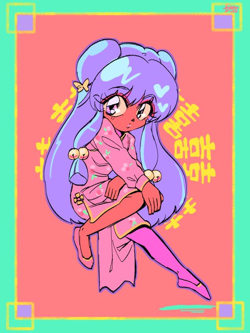 shampoo (ranma 1/2), ranma 1/2, highres, 1girl, bell, china dress, chinese clothes, double bun, dress, food, hair bell, hair bun, hair ornament, long hair, looking at viewer, purple hair, shoes, sidelocks, solo