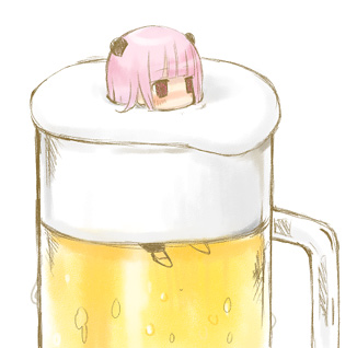 tsunako, original, bad id, bad pixiv id, lowres, 1girl, alcohol, animal ears, bear ears, beer, chibi, cup, female focus, froth, in container, in cup, mini person, minigirl, pink hair, red eyes, solo