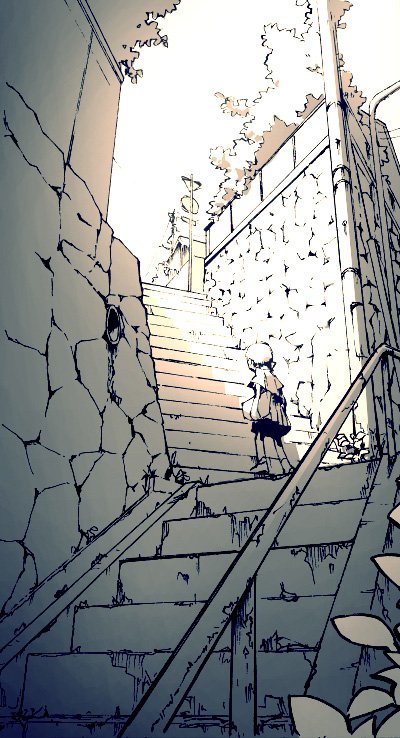 mizu asato, bad id, bad pixiv id, monochrome, railing, road, slice of life, solo, stairs, street, tree