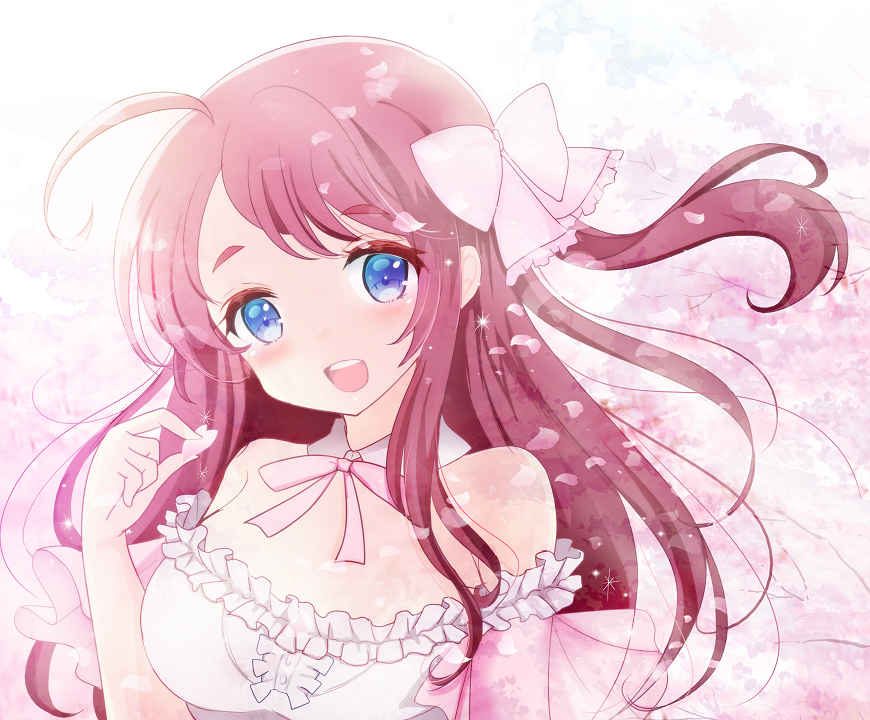 terimuku, minamoto sakura, zombie land saga, commentary request, 1girl, :d, bare shoulders, blue eyes, blush, bow, breasts, brown hair, dress, frilled dress, frills, hair bow, hand up, holding, long hair, looking at viewer, medium breasts, off-shoulder dress, off shoulder, open mouth, petals, pink bow, smile, solo, swept bangs, teeth, thick eyebrows, upper body, upper teeth only, white dress