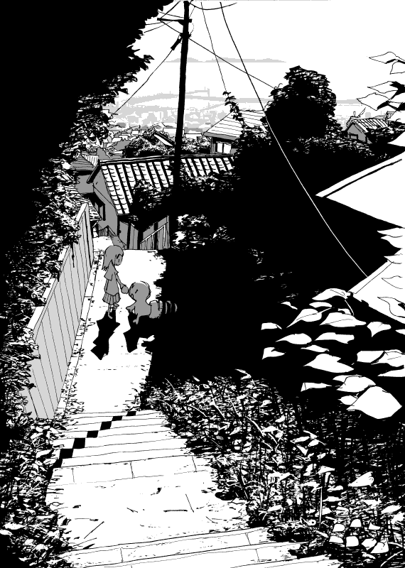 mizu asato, original, tagme, city, greyscale, monochrome, stairs, tree
