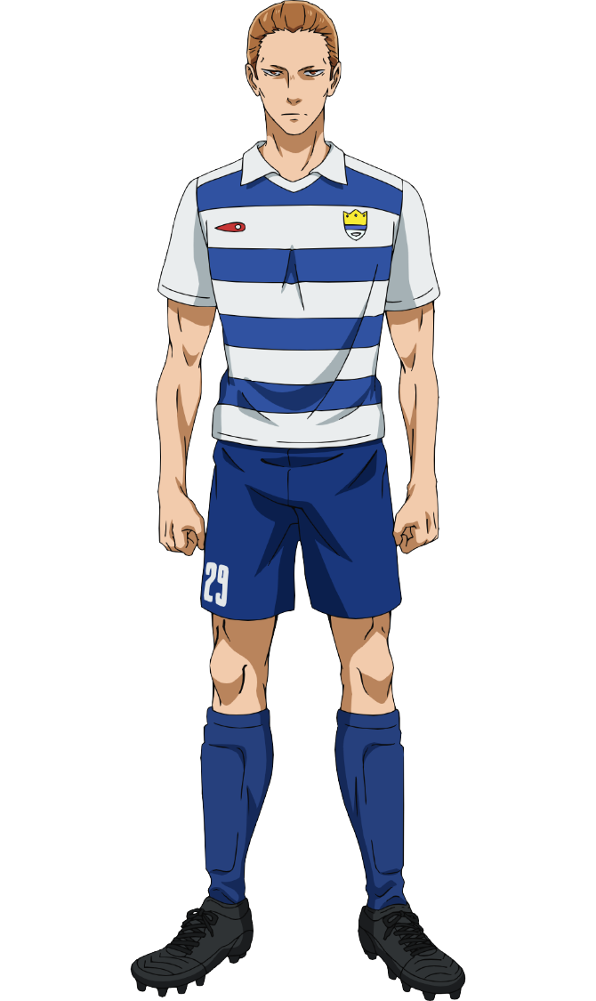 nakatake manabu, ao ashi, official art, 1boy, anime coloring, black shoes, blue shorts, brown eyes, brown hair, clenched hands, closed mouth, collared shirt, full body, hair slicked back, kaneda akinori, looking at viewer, numbered, shin guards, shirt, shoes, short hair, short sleeves, shorts, simple background, soccer uniform, solo, spiked shoes, spikes, sportswear, standing, striped clothes, striped shirt, transparent background, two-tone shirt, white shirt