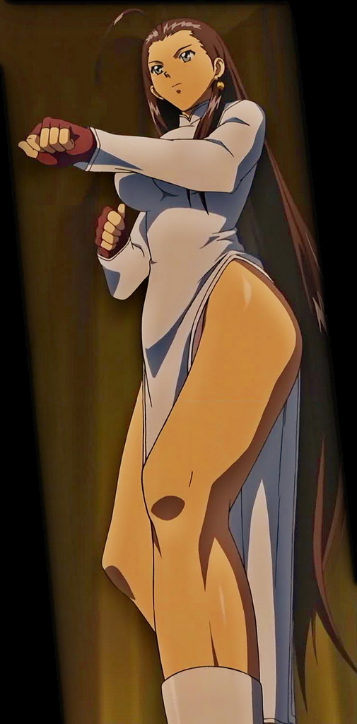 kakouen myousai, ikkitousen, ikkitousen dragon destiny, anime screenshot, stitched, third-party edit, 00s, 1girl, antenna hair, black hair, blue eyes, breasts, brown hair, china dress, chinese clothes, dress, earrings, female focus, fingerless gloves, gloves, jewelry, large breasts, legs, long hair, long legs, magatama, side slit, solo, standing, very long hair
