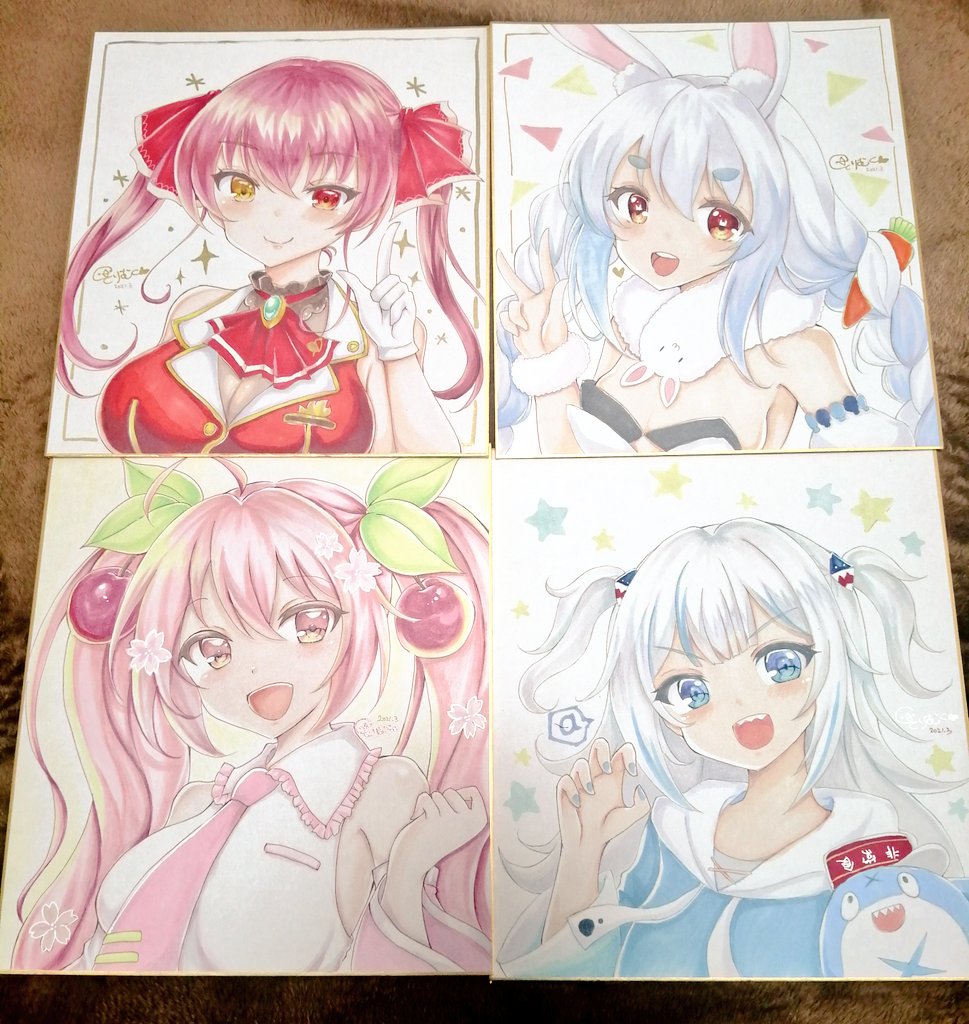 terimuku, bloop (gawr gura), don-chan (usada pekora), gawr gura, gawr gura (1st costume), hatsune miku, houshou marine, houshou marine (1st costume), sakura miku, usada pekora, usada pekora (1st costume), hololive, vocaloid, commentary request, photo (medium), traditional media, :d, ahoge, animal ear fluff, animal ears, bare shoulders, black leotard, blue hair, blue hoodie, blue nails, braid, breasts, brown eyes, brown leotard, carrot hair ornament, claw pose, closed mouth, collared shirt, detached sleeves, drawstring, dress, food-themed hair ornament, frilled shirt collar, frills, hair between eyes, hair ornament, hand up, heterochromia, hood, hood down, hoodie, jacket, large breasts, leotard, leotard under clothes, long sleeves, medium breasts, multicolored hair, nail polish, necktie, open mouth, pink eyes, pink hair, pink necktie, puffy short sleeves, puffy sleeves, rabbit-shaped pupils, rabbit ears, red eyes, red hair, red jacket, see-through cleavage, see-through clothes, shikishi, shirt, short eyebrows, short sleeves, sleeveless, sleeveless jacket, sleeveless shirt, smile, strapless, strapless dress, strapless leotard, symbol-shaped pupils, thick eyebrows, tie clip, twin braids, twintails, two-tone hair, upper body, v, virtual youtuber, white dress, white hair, white shirt, white sleeves