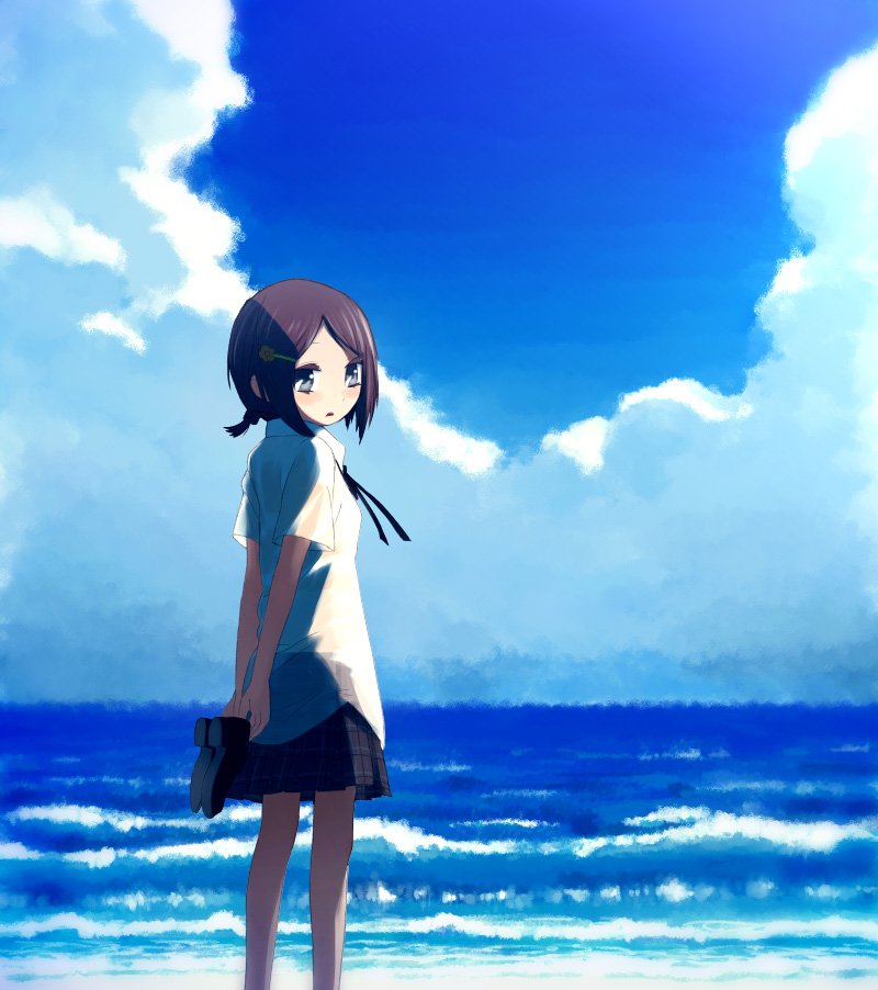 mizu asato, original, bad id, bad pixiv id, 1girl, arms behind back, bare legs, barefoot, blue background, blue theme, blush, brown hair, cloud, collared shirt, day, dot nose, female focus, flat chest, grey eyes, hair ornament, hairclip, holding, holding shoes, holding unworn clothes, horizon, looking at viewer, neck ribbon, necktie, ocean, outdoors, own hands together, pale skin, parted bangs, plaid clothes, plaid skirt, ponytail, ribbon, sad, school uniform, serafuku, shirt, shoes, short hair, short ponytail, short sleeves, sidelocks, skirt, sky, solo, standing, t-shirt, unworn shoes, waves, white shirt