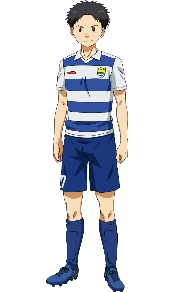 nakatake manabu, ao ashi, official art, 1boy, anime coloring, black eyes, blue shoes, blue shorts, clenched hands, closed mouth, collared shirt, full body, looking at viewer, nakano junnosuke, numbered, shin guards, shirt, shoes, short hair, short sleeves, shorts, simple background, smile, soccer uniform, solo, spiked shoes, spikes, sportswear, standing, striped clothes, striped shirt, transparent background, two-tone shirt, white shirt
