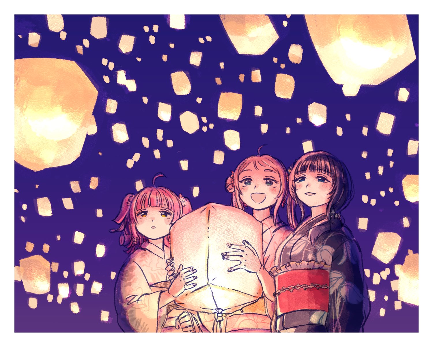 sagami (aikodesyo), asaka karin, tennoji rina, zhong lanzhu, love live!, love live! nijigasaki high school idol club, commentary, english commentary, highres, 3girls, :d, ahoge, black hair, black kimono, blue eyes, blunt bangs, floral print, floral print kimono, frilled sash, holding, holding lantern, japanese clothes, kimono, kishimen hair, lantern, long hair, multiple girls, obi, obijime, open mouth, paper lantern, pink hair, pink kimono, print kimono, red sash, sash, smile, twintails, two side up, white kimono