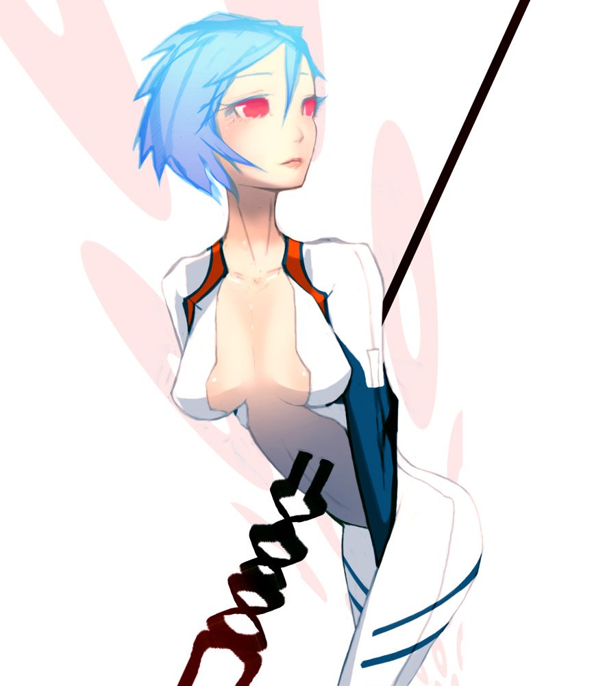 dskb, ayanami rei, neon genesis evangelion, 1girl, blue hair, bodysuit, breasts, cleavage, female focus, lance, lance of longinus (evangelion), large breasts, mecha pilot suit, open bodysuit, open clothes, open shirt, pink eyes, plugsuit (evangelion), polearm, red eyes, shirt, solo, spear, weapon