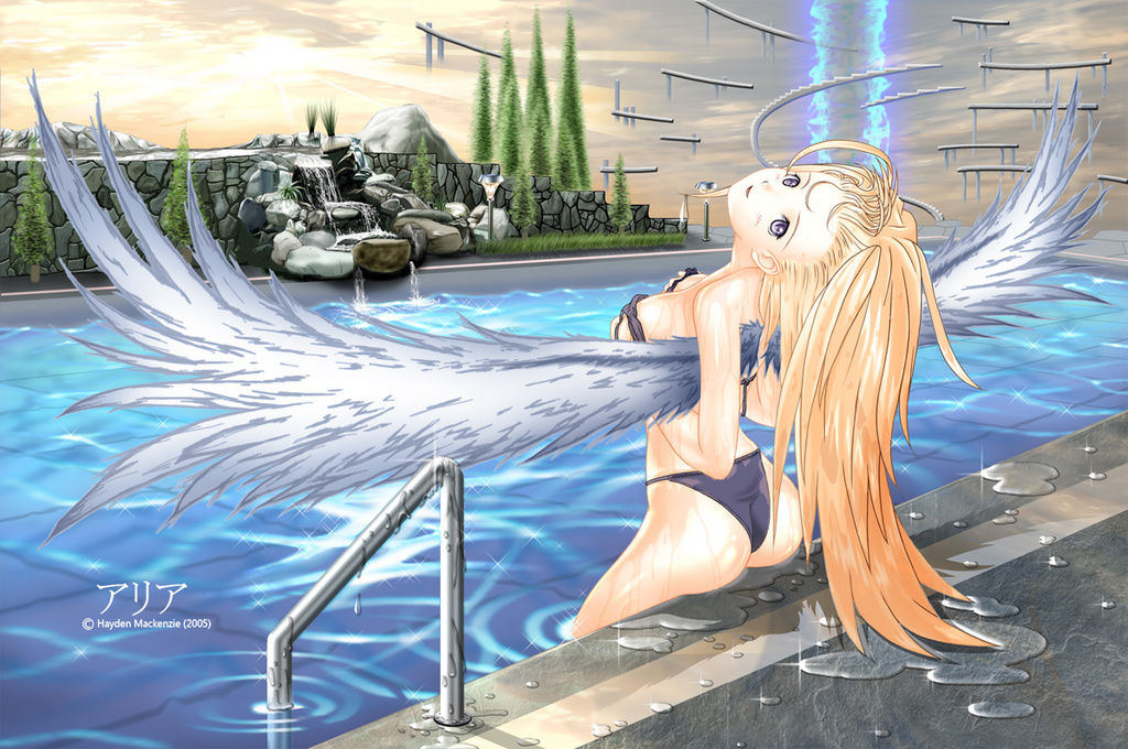 hayden mackenzie, haydenm, copyright request, 1girl, angel, ass, bikini, blonde hair, covering breasts, covering privates, feathered wings, female focus, floating, floating object, from behind, head back, long hair, looking at viewer, looking back, pool, purple bikini, purple eyes, refraction, ripples, sky, smile, solo, spread wings, sunrise, swimsuit, tree, wet, white wings, wings