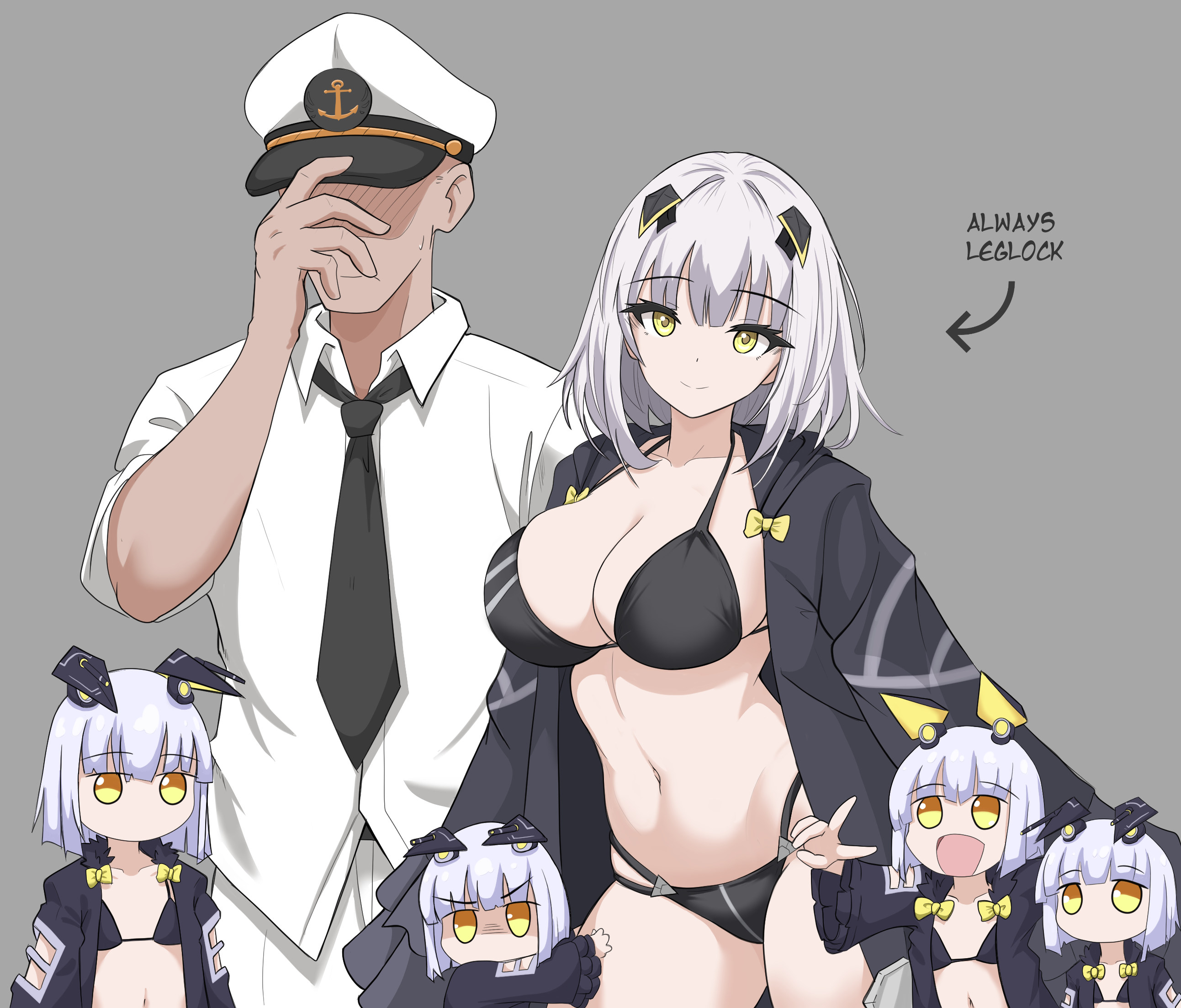 jaggi 95, commander (azur lane), explorer (azur lane), siren (azur lane), azur lane, highres, 5girls, :d, anchor hat ornament, bikini, black bikini, black jacket, black necktie, blank eyes, bow, breasts, cleavage, father and daughter, hand up, hat, hat ornament, headgear, hip focus, jacket, large breasts, leaning to the side, medium hair, mother and daughter, multi-strapped bikini bottom, multiple girls, navel, necktie, no pants, open clothes, open jacket, open mouth, pants, rigging, shaded face, ship turret, shirt, smile, stomach, swimsuit, thighs, white hair, white hat, white pants, white shirt, yellow bow, yellow eyes
