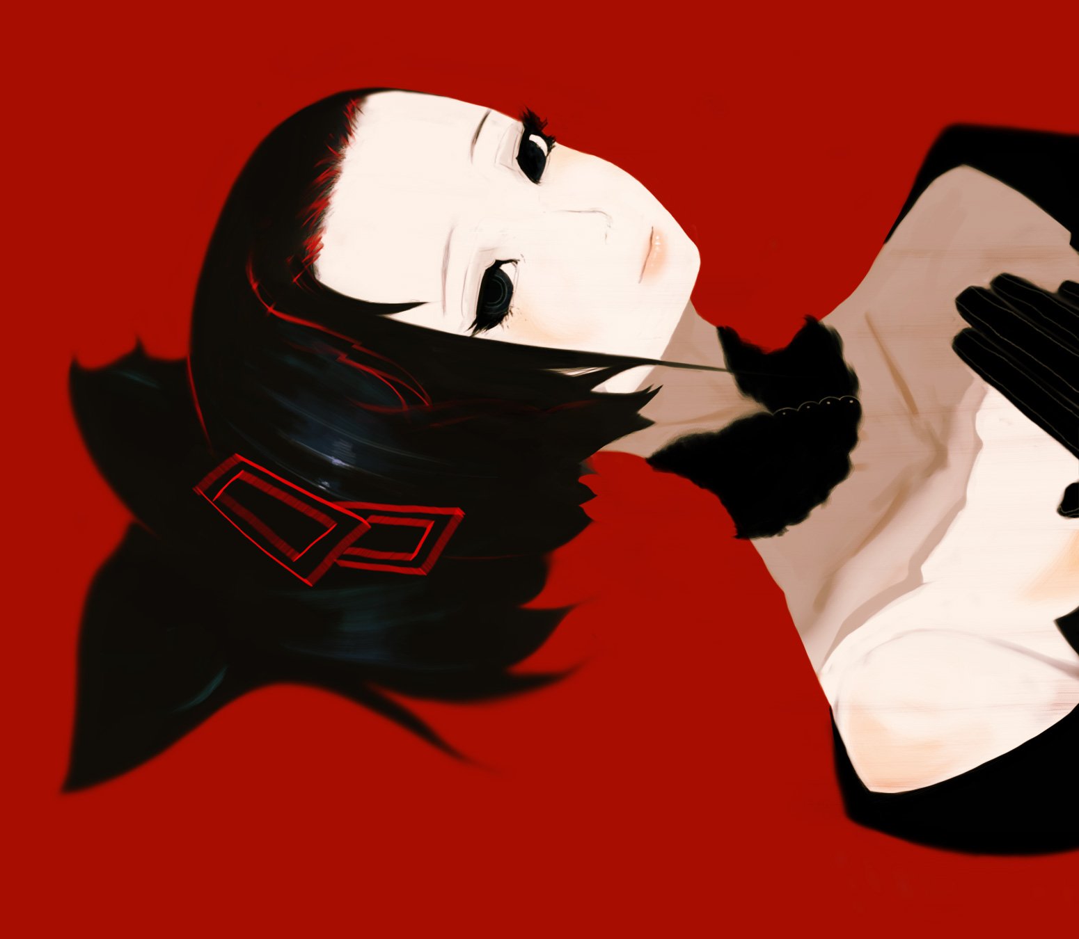 dskb, highres, black eyes, black hair, choker, gloves, lipstick, makeup, red background, red theme, solo