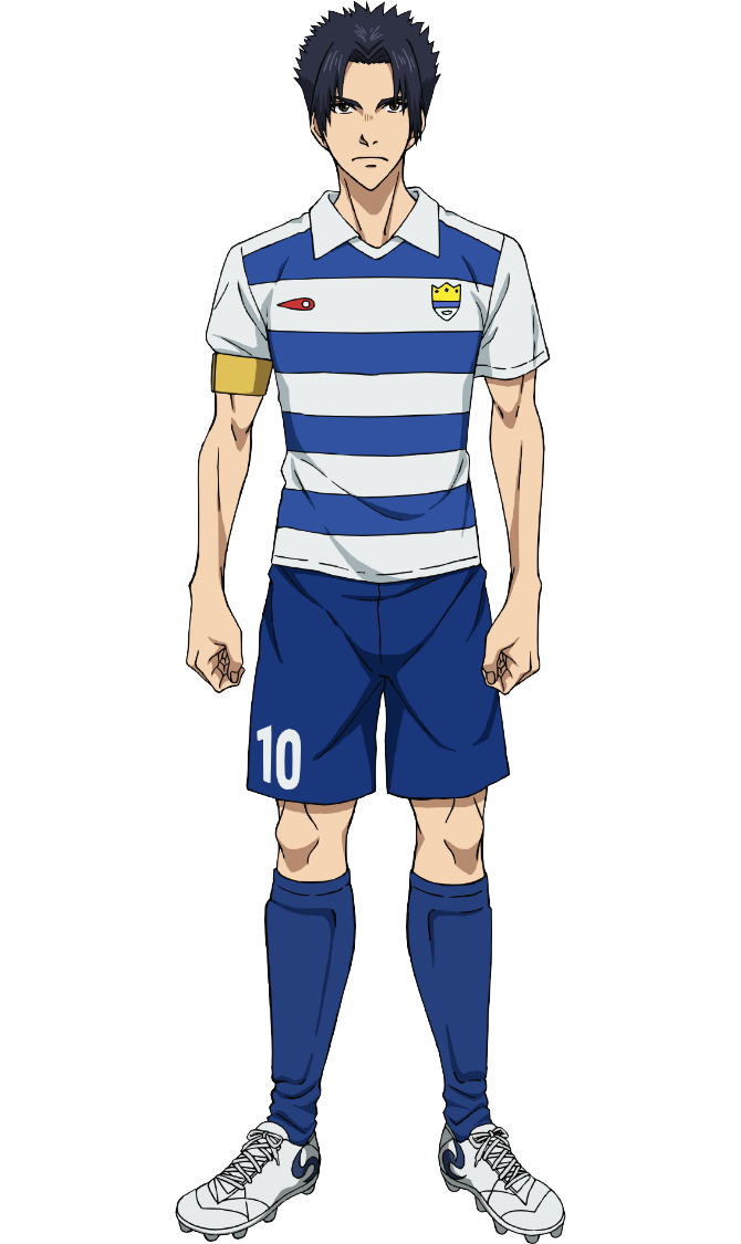 nakatake manabu, ao ashi, official art, 1boy, anime coloring, armband, blue shorts, closed mouth, collared shirt, curtained hair, full body, grey eyes, looking at viewer, mutou chiaki, numbered, parted bangs, shin guards, shirt, shoes, short hair, short sleeves, shorts, simple background, soccer uniform, solo, spiked hair, spiked shoes, spikes, sportswear, standing, striped clothes, striped shirt, transparent background, two-tone shirt, white shirt, white shoes