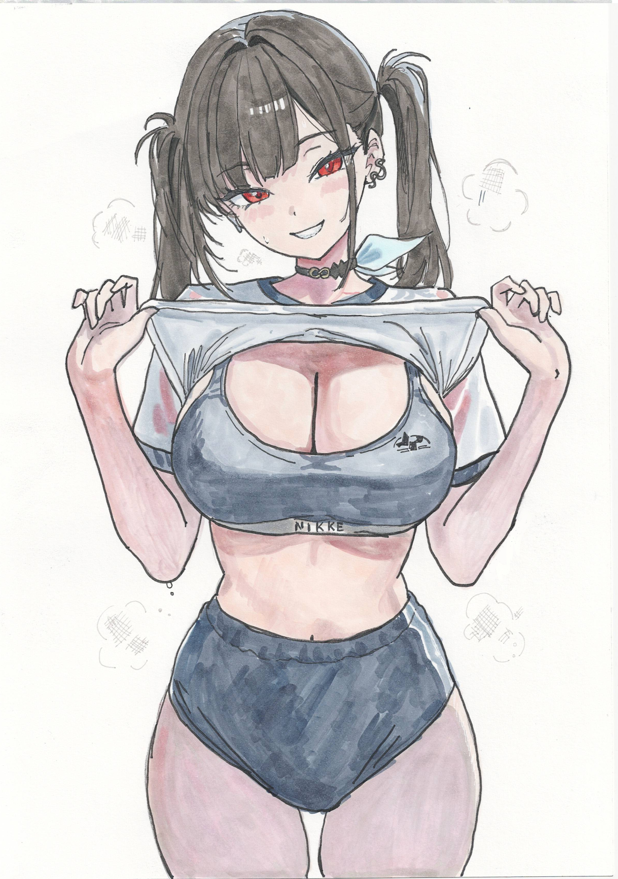 sora (nikke), goddess of victory: nikke, absurdres, highres, 1girl, blush, breasts, choker, clothes lift, earrings, jewelry, junyongkim9, large breasts, looking at viewer, red eyes, shirt lift, shorts, smile, solo, sports bra, steam, sweat, twintails, white background