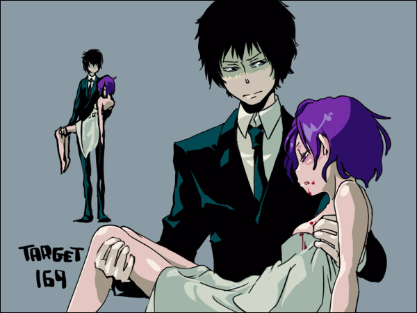 sorabo, chrome dokuro, hibari kyouya, katekyo hitman reborn!, 00s, aged up, blood, dress, formal clothes, necktie, purple hair, shirt, suit