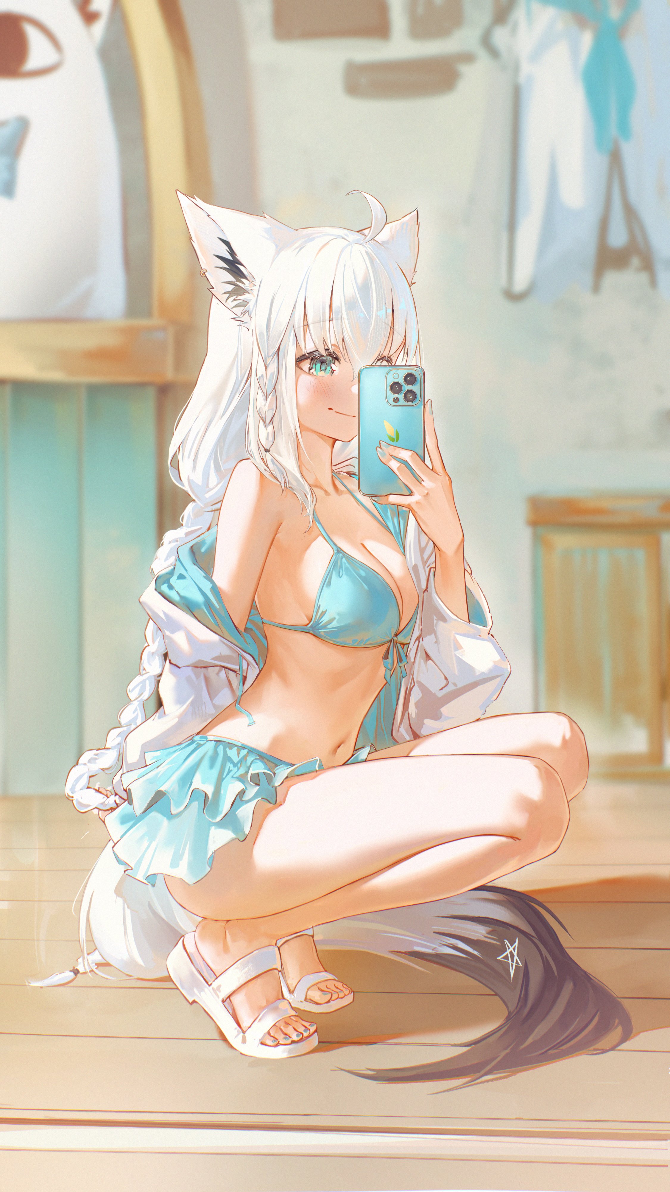 hyde (tabakko), miteiru (shirakami fubuki), shirakami fubuki, shirakami fubuki (hololive summer 2019), hololive, absurdres, commentary request, highres, 1girl, ahoge, animal ear fluff, animal ears, aqua eyes, bikini, bikini skirt, blue bikini, blue jacket, blue nails, blue skirt, braid, braided ponytail, breasts, cellphone, cleavage, closed mouth, double-parted bangs, fox ears, fox girl, fox tail, front-tie bikini top, front-tie top, full body, hair between eyes, holding, hood, hooded jacket, indoors, jacket, long hair, looking at viewer, low ponytail, medium breasts, mirror selfie, nail polish, navel, official alternate costume, pentagram, phone, ponytail, reflection, reflection focus, selfie, side braid, single off shoulder, skirt, smartphone, smile, solo, squatting, swimsuit, tail, thighs, toenail polish, toenails, two-sided fabric, two-sided jacket, very long hair, virtual youtuber, white hair, white jacket, wooden floor