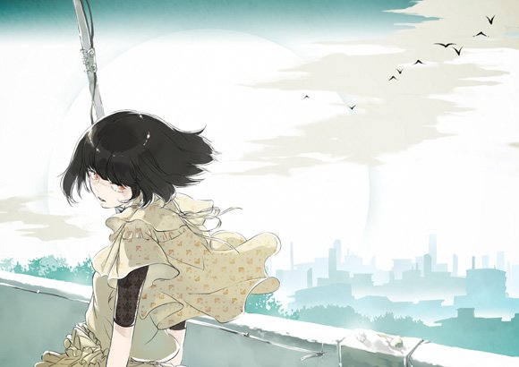 sakamoto himemi, bad id, bad pixiv id, bird, black hair, city, cityscape, cloud, sky, solo