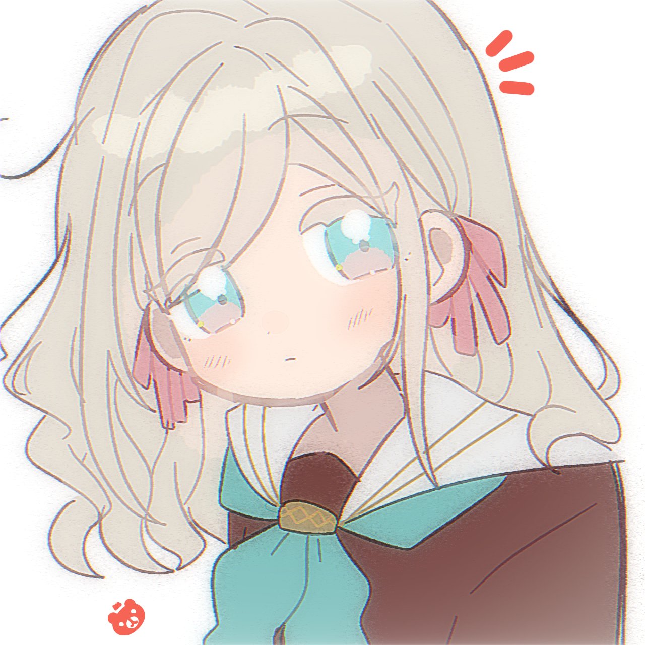 col person, ceras yanagida lilienfeld, link! like! love live!, love live!, commentary, highres, symbol-only commentary, 1girl, aqua neckerchief, blue eyes, blush, brown dress, character logo, closed mouth, dress, grey hair, hair ribbon, hasu no sora school uniform, long hair, neckerchief, notice lines, pink ribbon, ribbon, sailor dress, school uniform, simple background, solo, virtual youtuber, white background, winter uniform
