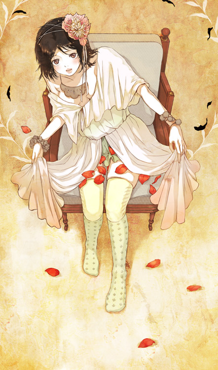 sakamoto himemi, bad id, bad pixiv id, 1girl, armchair, bracelet, brown eyes, brown hair, chair, clothes lift, dress, dress lift, female focus, flower, hair flower, hair ornament, jewelry, kneehighs, layered legwear, lips, necklace, off shoulder, pantyhose, patterned legwear, petals, sitting, socks, solo, thighhighs