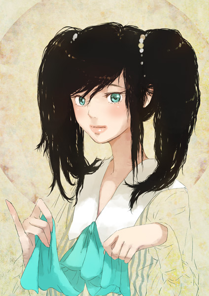 sakamoto himemi, bad id, bad pixiv id, black hair, blue eyes, lips, ribbon, solo, twintails