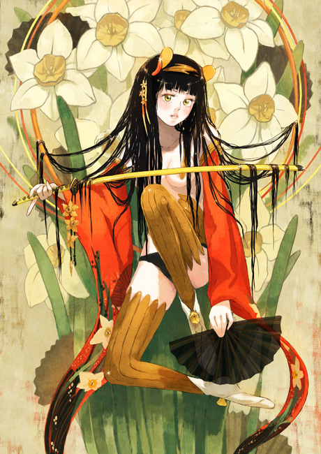 sakamoto himemi, bad id, bad pixiv id, 1girl, black hair, brown thighhighs, covering privates, daffodil, detached sleeves, female focus, flower, folding fan, hand fan, katana, lips, long hair, no bra, panties, solo, sword, thighhighs, topless female, underwear, weapon, yellow eyes