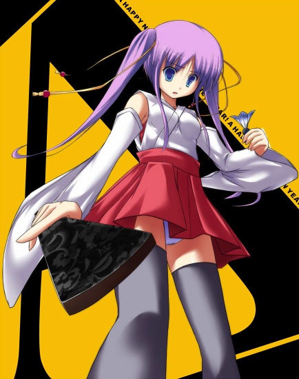 maid koubou, hiiragi kagami, lucky star, 00s, 1girl, adapted uniform, blue eyes, detached sleeves, female focus, foreshortening, hakama, hakama skirt, japanese clothes, miko, purple hair, red hakama, skirt, solo, thighhighs, twintails, zettai ryouiki