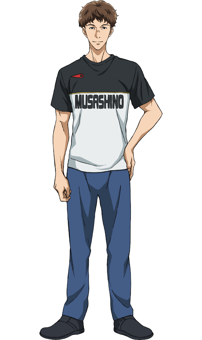 nakatake manabu, ao ashi, official art, 1boy, anime coloring, black shirt, black shoes, blue pants, brown hair, closed mouth, english text, full body, grey eyes, hand on own hip, looking at viewer, pants, satake kouji, shirt, shoes, short hair, simple background, smile, solo, standing, t-shirt, transparent background, two-tone shirt