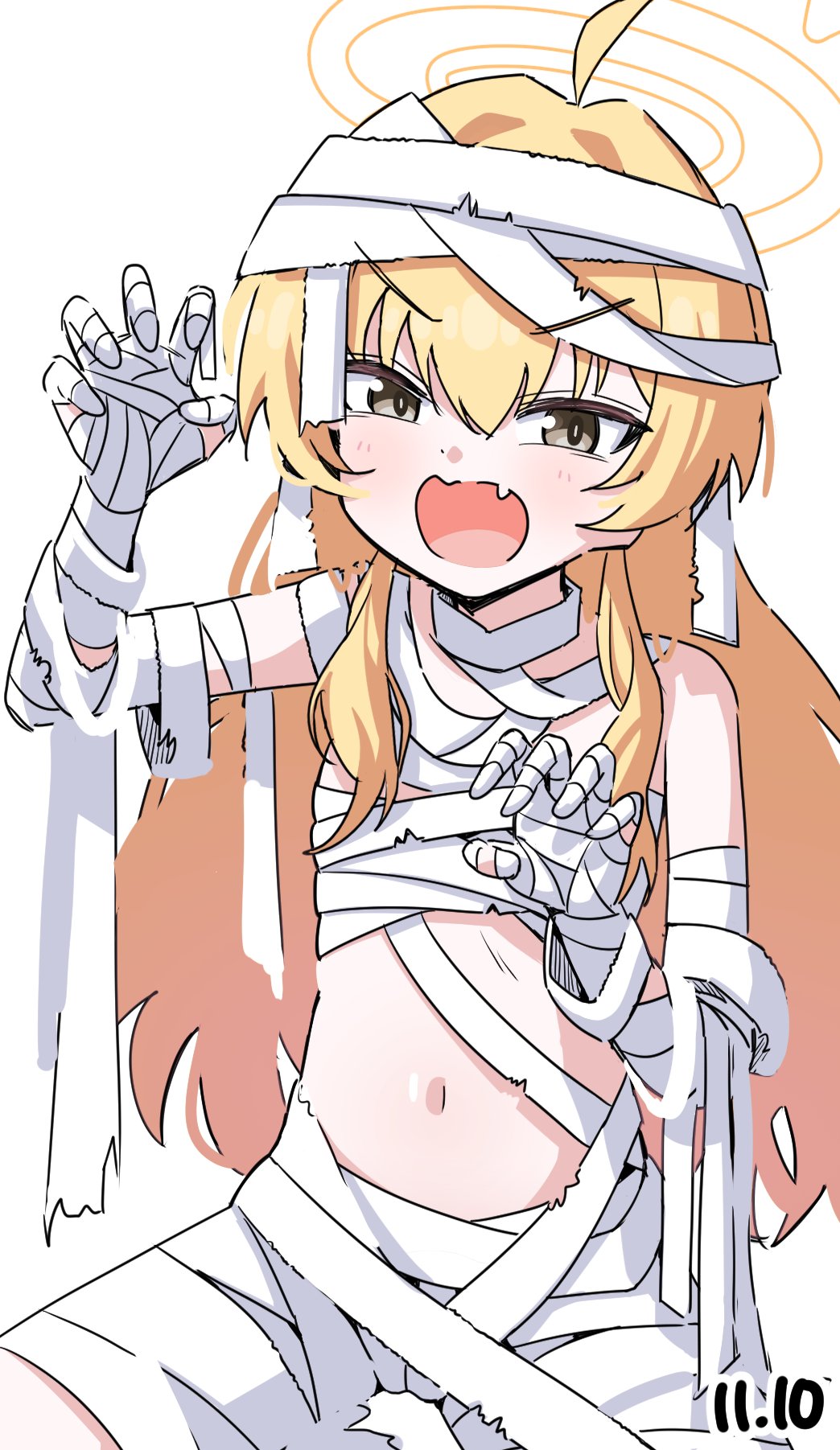 yoshimi (blue archive), yoshimi (halloween) (blue archive), blue archive, highres, 1girl, ahoge, bandages, blonde hair, claw pose, fang, halloween costume, halo, long hair, looking at viewer, mummy costume, naked bandage, navel, open mouth, simple background, skin fang, solo, sparyedhamster, white background, yellow eyes, yellow halo