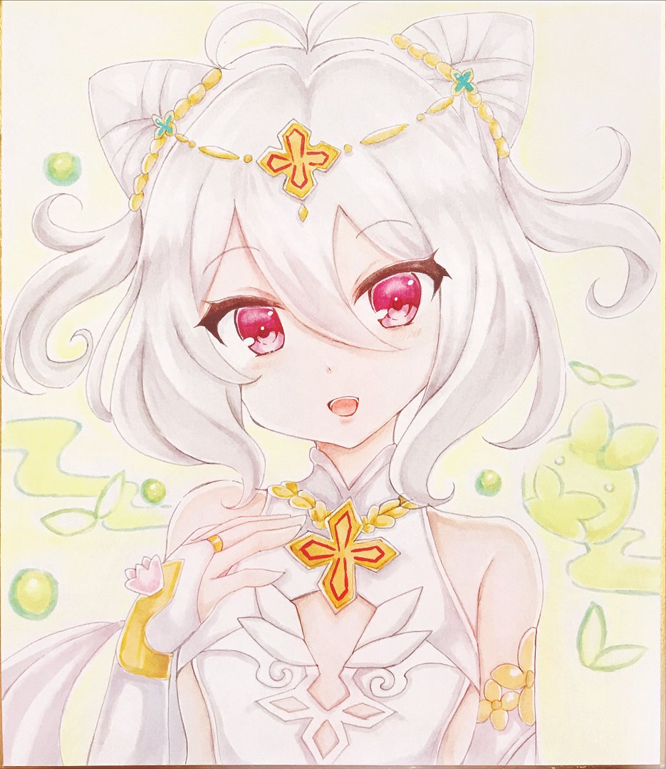 terimuku, kokkoro (princess connect!), princess connect!, commentary request, photo (medium), traditional media, 1girl, :d, antenna hair, bare shoulders, bridal gauntlets, cleavage cutout, clothing cutout, cone hair bun, dress, grey hair, hair between eyes, hair bun, hand up, looking at viewer, open mouth, red eyes, shikishi, sleeveless, sleeveless dress, smile, solo, white dress