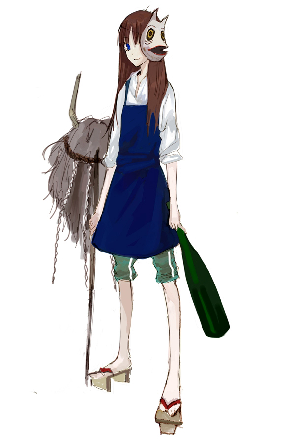 ton (pixiv37657), mishima touko, yume tsukai, bad id, bad pixiv id, 00s, 1girl, blue eyes, bottle, brown hair, dress, female focus, fox mask, full body, geta, holding, long hair, looking at viewer, mask, mask on head, pants, pants rolled up, pinafore dress, pitchfork, rope, sandals, shide, shimenawa, shirt, simple background, single vertical stripe, sleeveless, sleeveless dress, solo, standing, white background