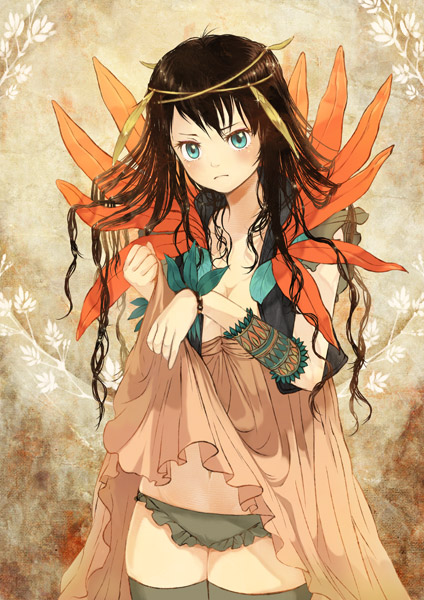 sakamoto himemi, bad id, bad pixiv id, 1girl, black hair, blue eyes, breasts, clothes lift, dress, dress lift, female focus, flower, long hair, panties, small breasts, solo, thighhighs, underwear