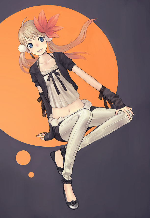 iwai ryou, original, bad id, bad pixiv id, 1girl, arm warmers, blonde hair, blue eyes, camisole, chemise, female focus, flower, leggings, midriff, navel, shoes, solo, thighhighs, twintails, white leggings
