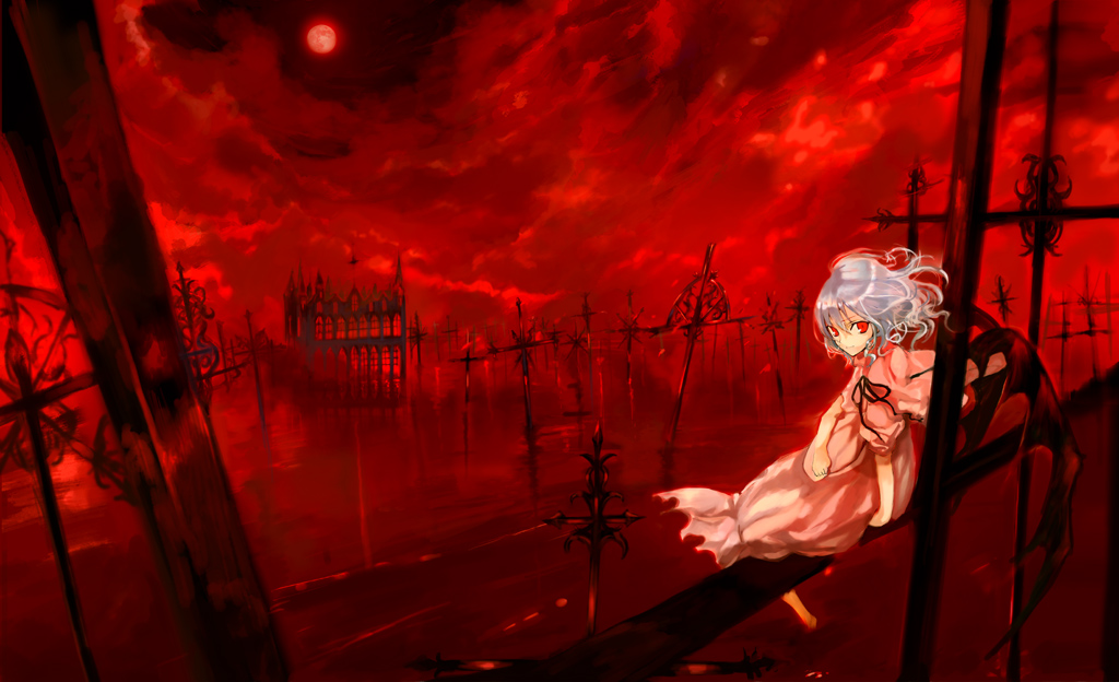 ton (pixiv37657), remilia scarlet, touhou, bad id, bad pixiv id, 1girl, bat wings, cloud, dress, female focus, fence, graveyard, moon, night, outdoors, red eyes, red moon, red sky, red theme, sky, solo, white hair, wings